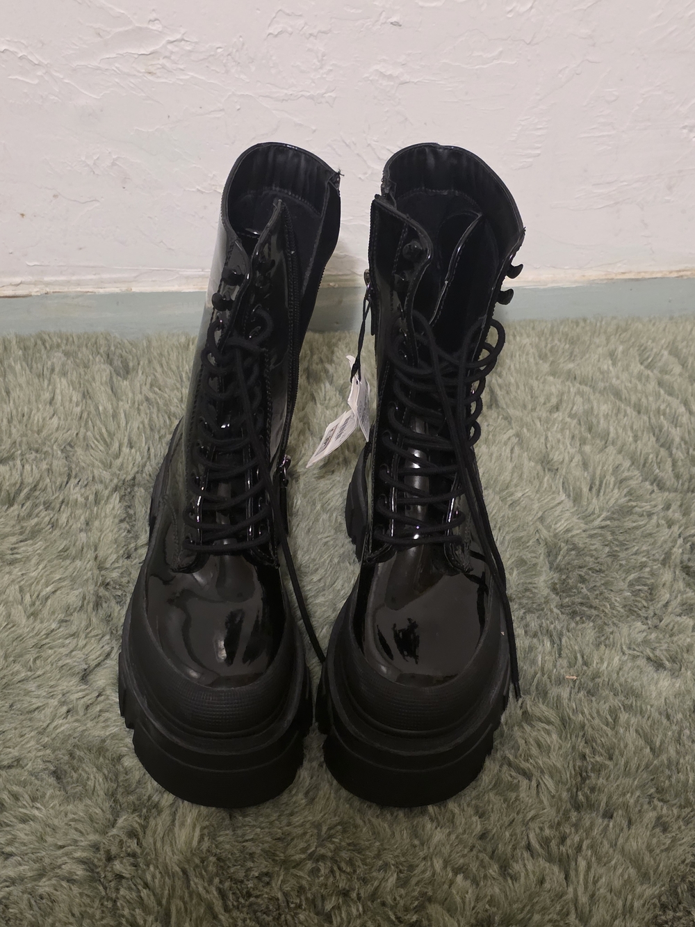 Bershka Black Patent Lace-Up Combat Boots with Chunky Sole